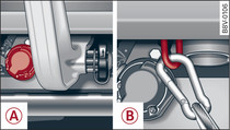 Bereich hinterer Stoßfänger: Anhängersteckdose -A-, Fangseilsicherung -B-