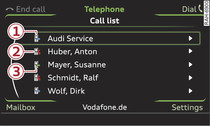 Selecting a telephone number from the call list