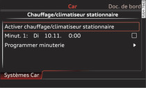 Exemple : activation/désactivation immédiate du chauffage/climatiseur* stationnaire dans le MMI