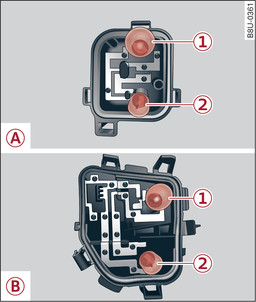 Abb. 358 Lampenträger: -A- 3-Türer/Sportback, -B- Limousine/Cabriolet: Positionen der Glühlampen