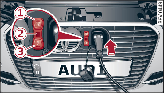 Abb. 142 Kühlergrill: Fahrzeugladeanschluss und Tastenmodul