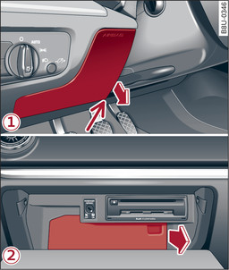 Fig. 343 -1- Steering column area (LHD vehicles): cover, -2- Glove box (RHD vehicles): cover