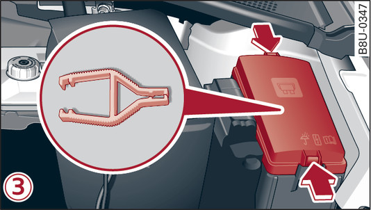 Fig. 344 -3- Engine compartment (left side): Fuse cover