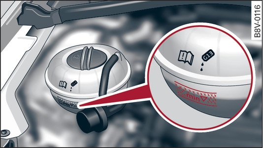 Fig. 311 Engine compartment: Markings on coolant expansion tank