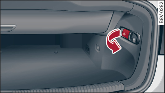 Fig. 85 Applies to: version 2 Luggage compartment: Release lever in luggage compartment (example, right side)