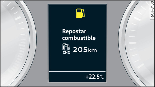 Fig. 118Pantalla: Aviso del depósito combinado para gasolina y gas natural