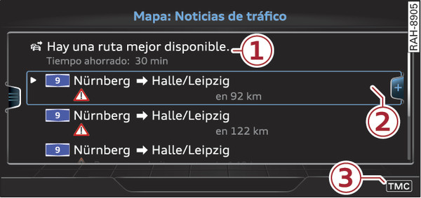 Fig. 239Vista de las noticias de tráfico con una ruta mejor