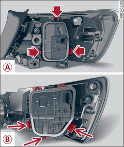 Fig. 357 Feu arrière : -A- 3 portes/Sportback, -B- Berline/Cabriolet : points de déverrouillage