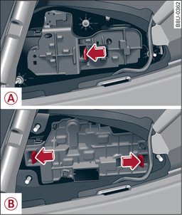 Fig. 361 Feu arrière : -A- 3 portes/Sportback, -B- Berline/Cabriolet : points de déverrouillage