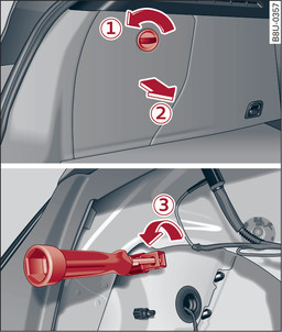 Fig. 354Vale per: vetture a 3 porte/Sportback Bagagliaio: posizione della vite di fissaggio del fanale di coda