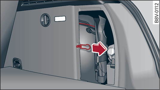 Fig. 303Vale per: variante 1 Parte posteriore destra del bagagliaio: dispositivo per lo sbloccaggio di emergenza (esempio)