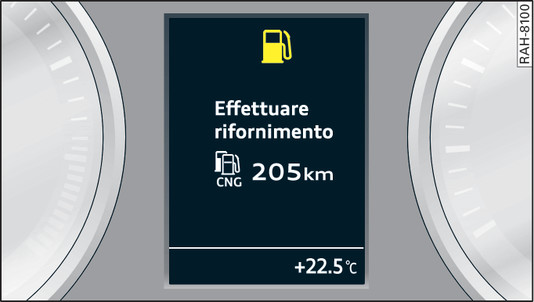 Fig. 118Display: avvertimento combinato per il serbatoio della benzina e del gas naturale