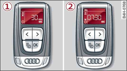 Afbeelding 97Afstandsbediening voor interieurvoorverwarming: -1- Direct inschakelen, -2- Timer instellen