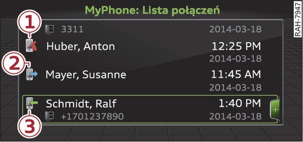 Rys. 217Wybieranie numeru telefonu z listy połączeń