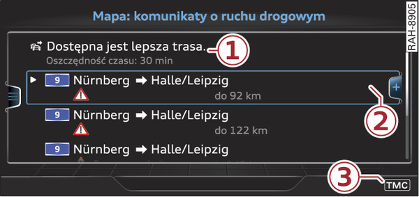 Rys. 239Widok powiadomień drogowych z lepszą trasą