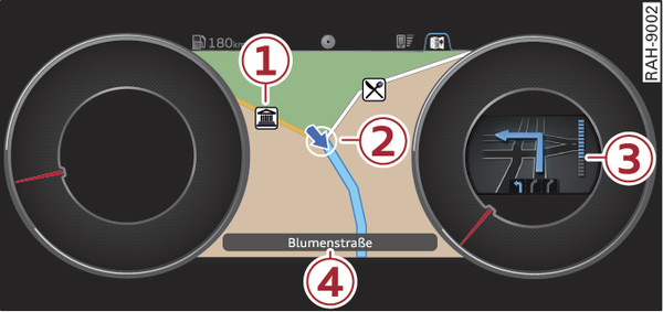 Fig. 17Ilustração do princípio: Mapa standard com a condução ao destino ativa (Audi virtual cockpit)