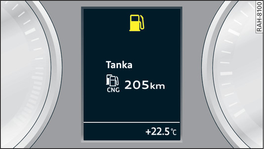 Bild 118 Display: Kombinerad tankvarning för bensin och biogas