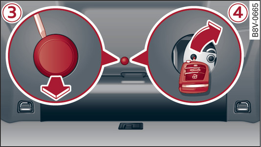 Fig. 26 Applies to: version 2 Detail of inside of boot lid: Access to manual release