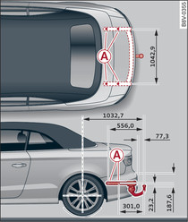 Emplacement des points de fixation, vue de dessus et vue de côté