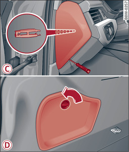 Obr. 324 -C- kabina na straně řidiče (vozidlo s řízením vlevo/s řízením vpravo): kryt, -D- zavazadlový prostor vlevo: kryt