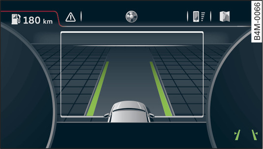 Fig. 139 Kombiinstrument (display med flere farver): active lane assist er aktiveret og funktionsklar.