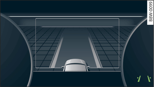 Fig. 140 Kombiinstrument (monokromt display): active lane assist er aktiveret.