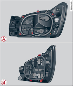 Fig. 337 Baglygte: -A- Limousine: skruer på pæreholder. -B- Avant/allroad: clips på pæreholder