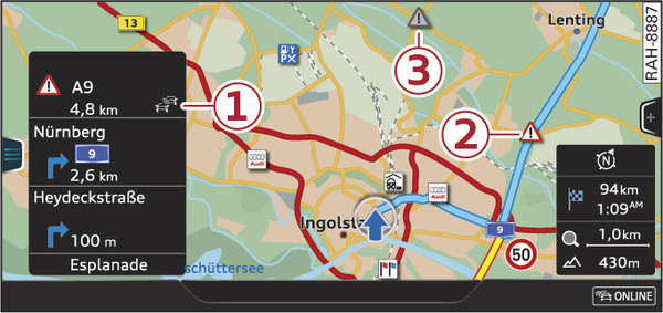 Fig. 231 Example: Local hazard alerts displayed on the map