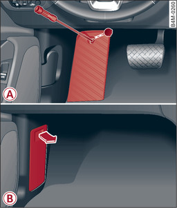 Fig. 323-A- Espacio reposapiés del conductor (vehículos con volante a la izquierda): Reposapié, -B- Espacio reposapiés del acompañante (vehículos con volante a la derecha ): Cubierta