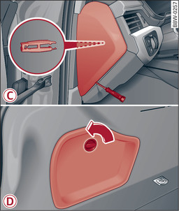 Fig. 324-C- Puesto de conducción, lado del conductor (vehículos con volante a la izquierda/derecha): Cubierta, -D- Maletero (izquierda): Cubierta