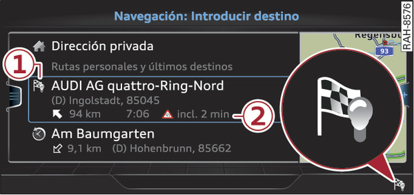 Fig. 220Ejemplo: Indicación de las rutas personales en el menú de introducción de destino