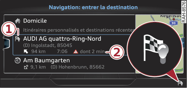 Fig. 220 Exemple : affichage des itinéraires personnalisés dans le menu Entrer la destination