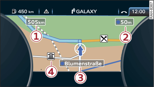 Afbeelding 196Principeafbeelding: Kaart bij gestarte routegeleiding (analoog instrumentenpaneel)