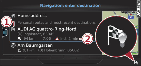 Fig. 229  Example: Personal route display in the menu for entering a destination