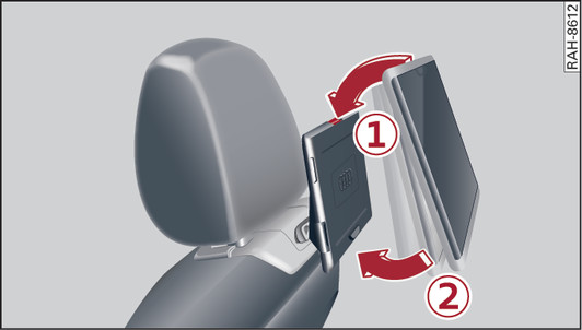 Fig. 264 Back of driver s/front passenger s seat: Attaching Audi tablet to holder