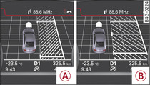 Quadro strumenti: ricerca del parcheggio. -A- parcheggio parallelo alla carreggiata, -B- parcheggio trasversale alla carreggiata