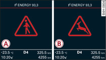 Kombiinstrument: -A- fotgängarvarning/-B- varning för vilda djur, när nattsiktsassistentens bild inte är vald på kombiinstrumentets display.