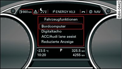 Kombiinstrument: Menü Fahrzeugfunktionen aufrufen