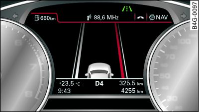 Instrument cluster: active lane assist switched on and in warning mode