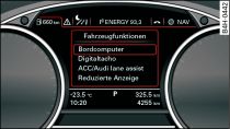 Instrument cluster: Calling up the Vehicle functions menu