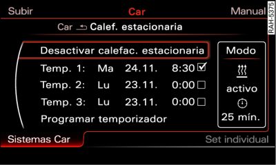 Infotainment: Ajustar el temporizador