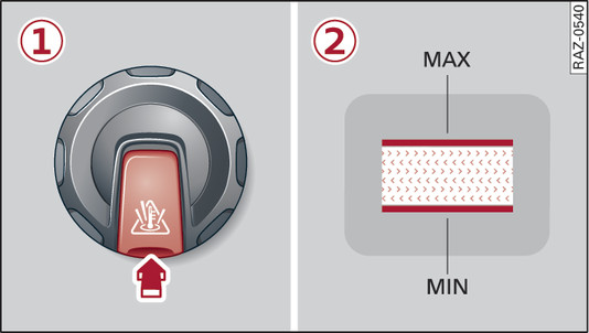 Abb. 280 Motorraum - Kühlmittelausgleichsbehälter (Prinzipdarstellung): -1- Deckel mit Entriegelungstaste; -2- Markierungen