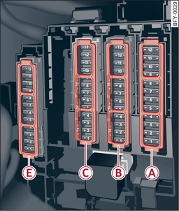 Fig. 308 Luggage compartment, left side: Fuse carrier with plastic frames