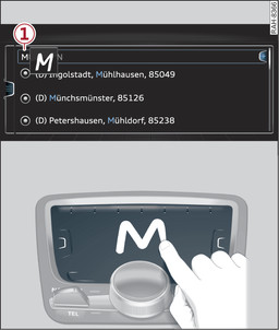 Fig. 173 Applies to: vehicles with automatic gearbox and MMI touch pad Example: entering a navigation destination using the MMI touch pad