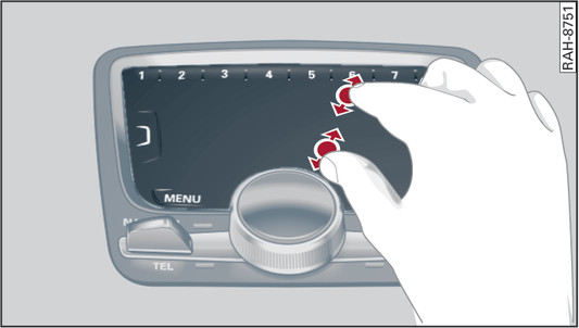 Fig. 180 Applies to: vehicles with automatic gearbox and MMI touch Zooming in/out on map