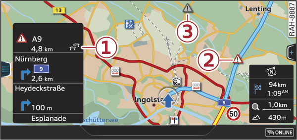 Fig. 219 Example: Hazard alerts displayed on the map