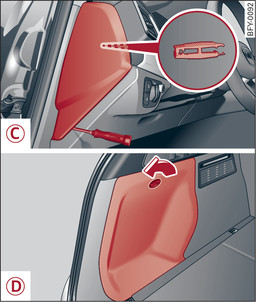 Fig. 304 Poste de conduite côté conducteur (véhicules avec direction à gauche/à droite) : cache -C-, côté gauche du coffre à bagages : cache -D-