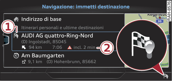 Fig. 208Esempio: visualizzazione degli itinerari personali nel menù d immissione della destinazione