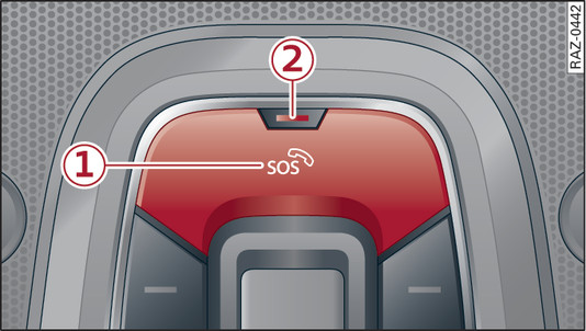 Fig. 202Cielo della vettura, parte anteriore: copertura del tasto per le chiamate di emergenza