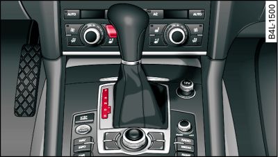 Detail of the centre console: Selector lever with interlock button